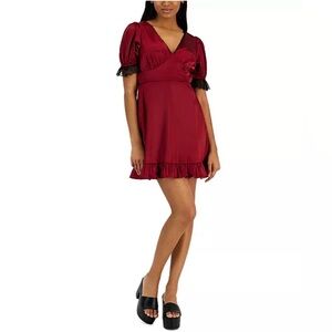 Kit & Sky Juniors' Lace Trimmed V-Neck Dress Red Black mini NWT Party Prom